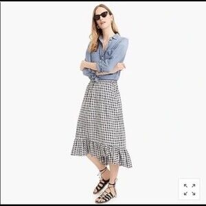 J Crew Navy and White Gingham Midi Ruffle Skirt - size S